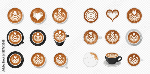 Coffee art collection top view flat lay coffee art different patterns 2dflat