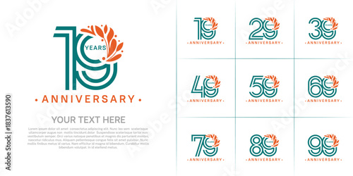 Anniversary logo type set with double line number and orange floral ornament. green color for celebration event