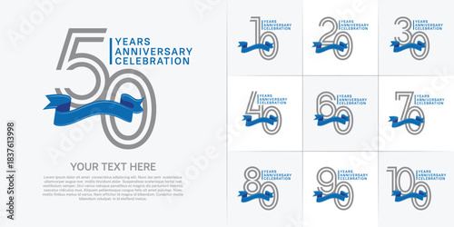Anniversary logo type set with double line number. grey color with blue ribbon for celebration event