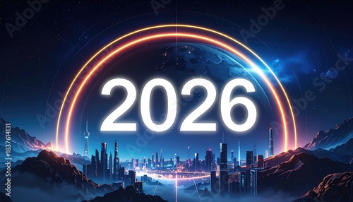 The captivating illustration presents a futuristic cityscape beneath a stylized representation of the year 2026, within an illuminated ring. The scene evokes a sense of technological advancement.