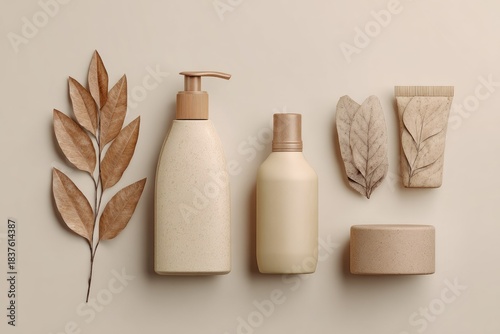 Beige beauty products arranged with leaves