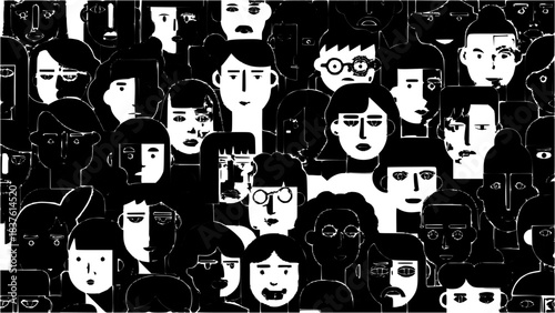 Diverse Crowd of People with Varied Expressions in Black and White Illustration.