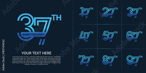 Anniversary logo type set with double line number. blue color with ribbon for celebration event