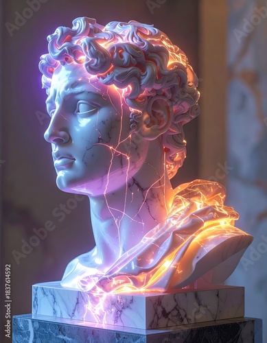 Marble bust glows purple and orange