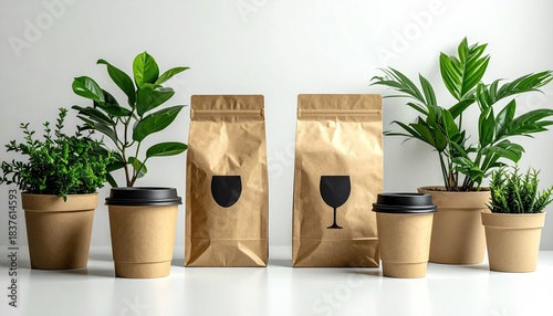 Drinks, plants, bags on white surface