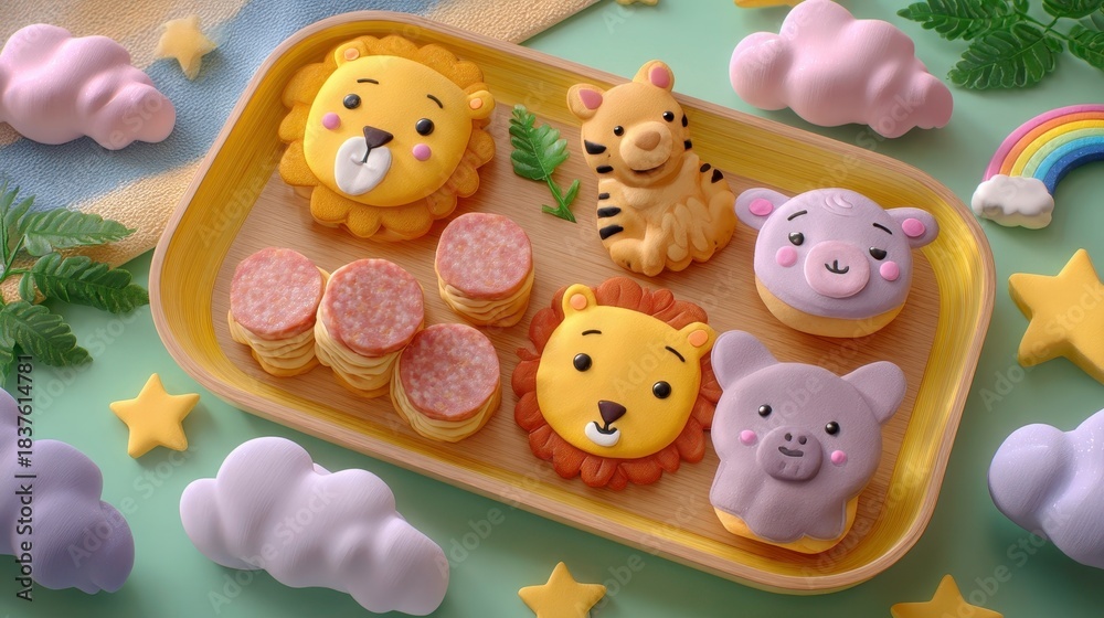 Obraz premium Cute Kids Snack Tray: Lion, Tiger, Rainbow Treats