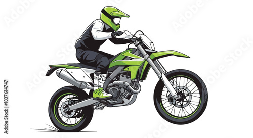 Dynamic Vector Illustration of Motocross Rider on a Dirt Bike in Green and White Gear