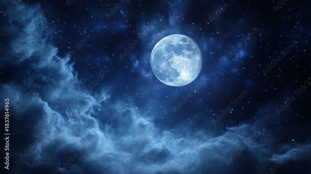 Fototapeta premium Full moon emerging from behind ethereal cloud veil, star field with varying brightness, cirrus cloud wisps, deep space background, atmospheric light diffusion