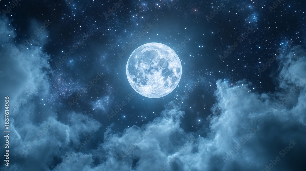 Fototapeta premium Full moon emerging from behind ethereal cloud veil, star field with varying brightness, cirrus cloud wisps, deep space background, atmospheric light diffusion