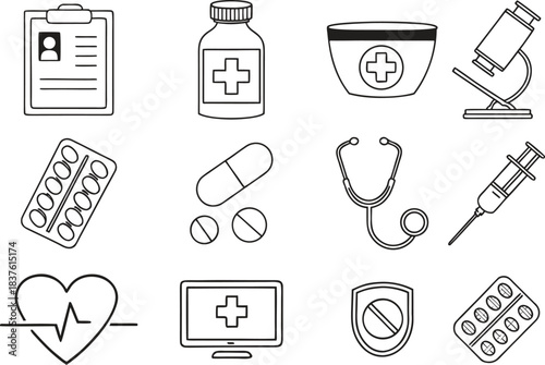 vector-monochrome-pharmacy-line-icon-set
