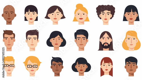 Diverse collection of illustrated faces representing various ethnicities and expressions in a flat design style.