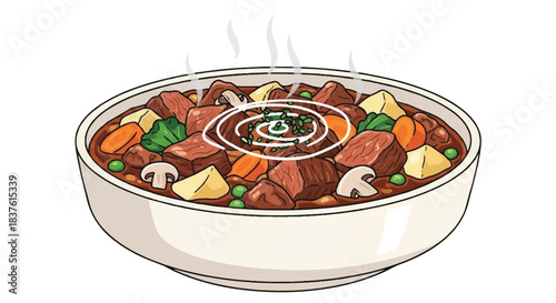 Hearty Stew or Goulash in a Bowl with Meat, Vegetables, and Garnishes