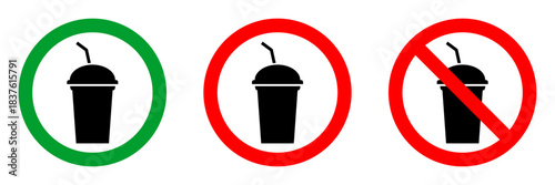 no drinks allowed red circle sign, green allowed round vector icon, 3 pictogram collection