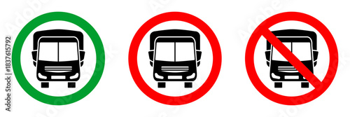no truck zone red circle sign, front view silhouette in green circle pictogram, allowed round vector icon