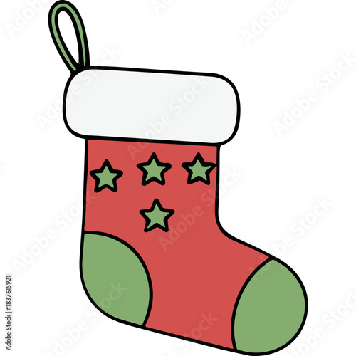 Red Christmas stocking with green toe and heel adorned with green stars and white fuzzy cuff a festive holiday decoration on a black background.