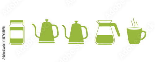 Recipe for preparing matcha tea. Steps to complete this beloved Japanese beverage. Icon for packaging design. Flat vector illustration with a white background.