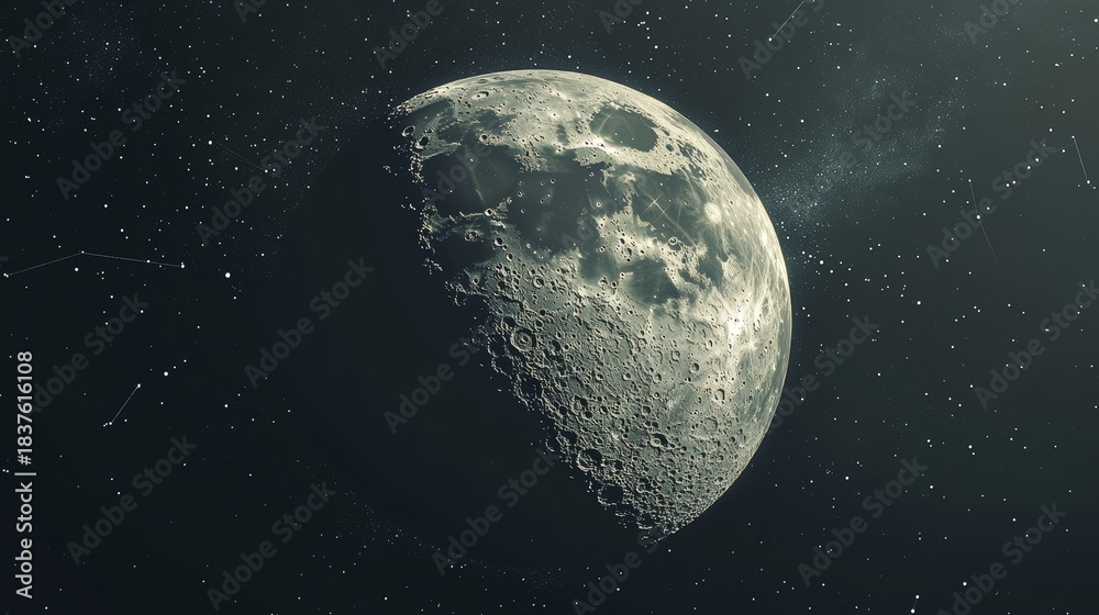 Naklejka premium Clean geometric representation of moon terrain using subtle gradient fills and precise line work, open space depicted with mathematical constellation patterns and cosmic dust particles