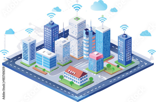 Isometric vector illustration of urban city architecture featuring a set of skyscraper and house building icons for street and real estate design