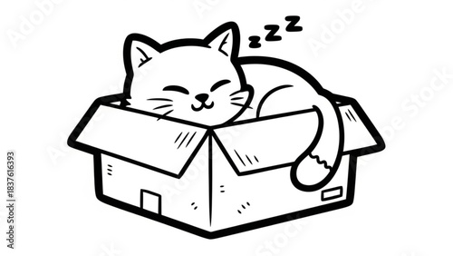 Funny 2D sticker illustration of a cat sleeping inside a cardboard box, rounded shapes, minimal detail, bold outline, isolated on white background.
