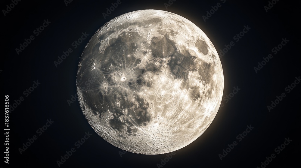 Naklejka premium Hyper-detailed full moon against pitch black sky, every crater and lunar mare precisely rendered, subtle yellow glow illuminating edges, photorealistic surface texture with perfect shadows,