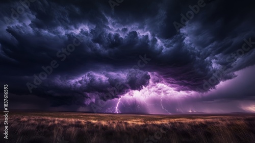 Menacing wall of cumulonimbus clouds advancing across vast plain, dark charcoal underbelly with roiling texture, brilliant purple lightning bolt illuminating storm interior, torrential rain visible