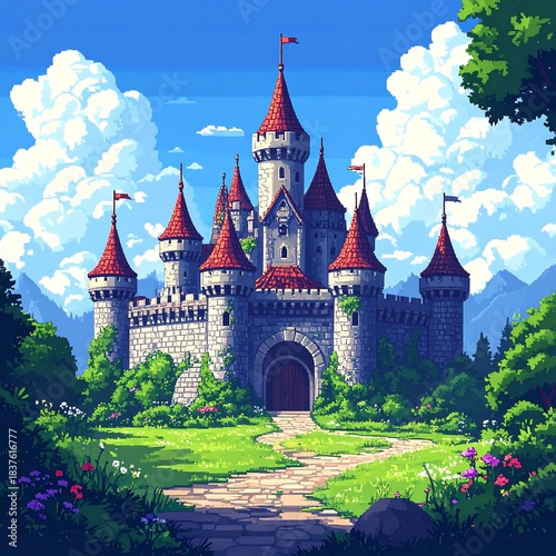 Wallpaper Mural Animated stone castle with red roofs amidst lush green scenery Torontodigital.ca
