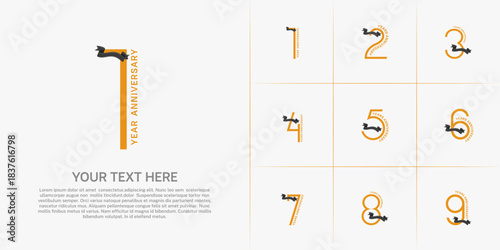 Anniversary logo type set with double line number. orange color with black ribbon can be use special moment