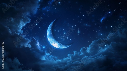 Luminous crescent moon hanging in deep indigo night sky, surrounded by scattered brilliant stars of varying sizes, ethereal glow illuminating wisps of clouds, dreamy celestial landscape
