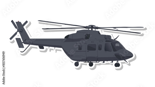 Dark Gray Helicopter Aircraft With Rotor Blades and Landing Gear Isolated on Transparent Background Vector Illustration