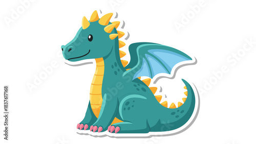 Cute Teal Dragon With Yellow Spikes and Light Blue Wings Sitting Down Smiling on a Transparent Background Pixel Art Style