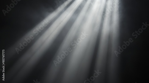 God rays streaming down through atmospheric haze, illuminated dancing particles, concentrated beam with soft edge diffusion, dramatic contrast against black void