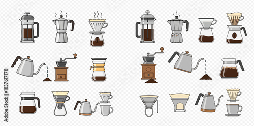 Various manual coffee brewing methods flat design set 2dflat