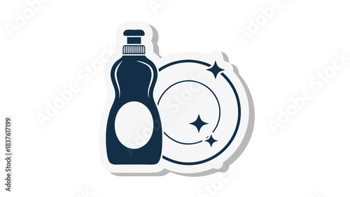 Dark Blue Dish Soap Bottle Next to Sparkling Clean Plates with Blue Outline and Starburst Accents Against a Black Background