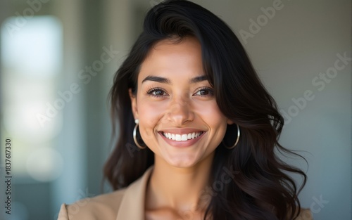 Happy young millennial Indian business woman head shot portrait. Female professional, leader, entrepreneur profile picture. Smiling confident ethnic employee looking at camera. Video call screen