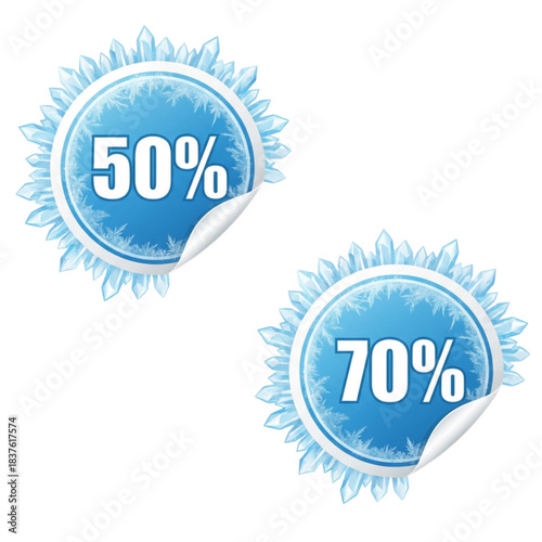 Vibrant Blue Winter Sale Discount Labels with Icy Frost Effect, Featuring 50% and 70% Off Promotional Special Offers for Seasonal Marketing Campaigns and Retail Bargains
