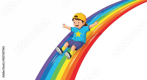 Smiling Child on a Skateboard Sliding Down a Rainbow Ramp with Helmet