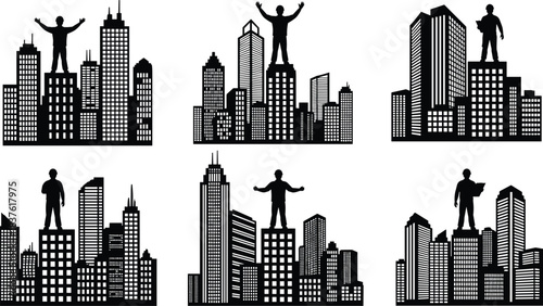 Business success leadership achievement concept, silhouette of confident man standing on skyscraper roof top, city skyline background, corporate real estate development, urban finance investment, 