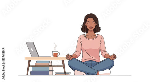 Cartoon Illustration of Young Woman Meditating in Lotus Position on a Desk While Working from Home