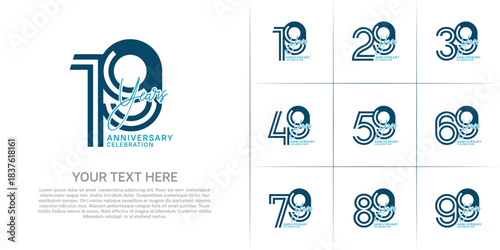 Anniversary set design with double line number and handwriting. blue color for celebration event