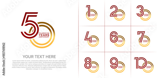 Anniversary set design with double line number. red and gold color for celebration event