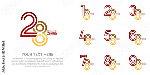 Anniversary set design with double line number. red and gold color for celebration event
