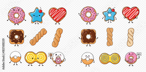 Cute Cartoon Dessert Characters Collection Donut Cookie and Pastry Set 2dflat