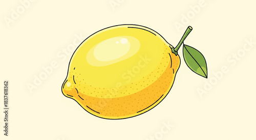 Bright Yellow Whole Lemon Fruit with Green Leaf and Water Droplets Illustration