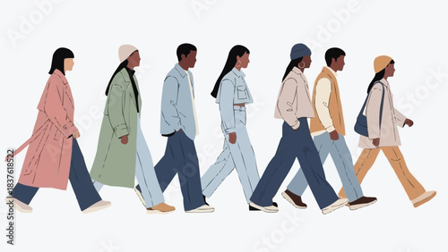 A diverse group of young stylish people walking in a line.