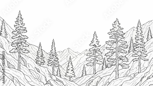 Hand drawn mountain landscape with tall pine trees.