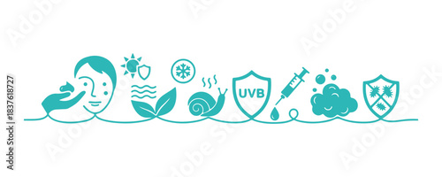 Icon for skin care set. Using cream, acne, sunblock, absorption, lightweight texture, cooling sensation, snail extract, UVB defense, injection, foaming cleanser, bacteria shield. Beauty