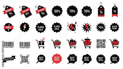 A collection of black friday sale icons and graphics in silhouette style, featuring shopping carts, price tags, and discounts on a clean white background.