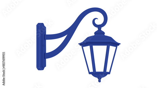 Deep Blue Victorian Style Outdoor Lantern Mounted On A Dark Blue Wall With A Swirling Arm Illuminating The Night
