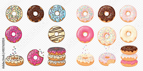 Assorted Colorful Doughnuts Set on Transparent Background 2dflat