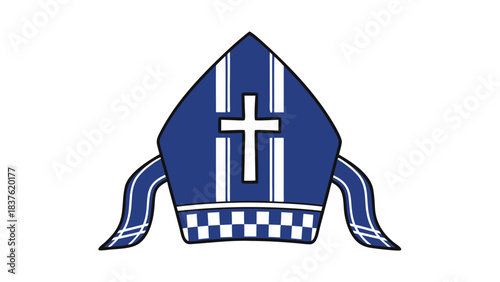 Digital Illustration of a Blue and White Bishops Mitre with Cross and Checkerboard Pattern Against a Black Background